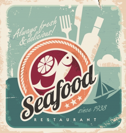 Vintage poster for seafood restaurant. Retro old paper background with fish and food.のイラスト素材