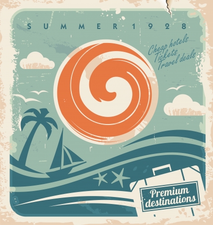 Vintage summer holiday poster. Vector template for travel agency. Retro hotel advertising background with old paper pattern.のイラスト素材