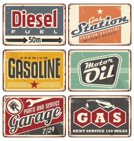 Gas stations and car service vintage tin signs collectionのイラスト素材