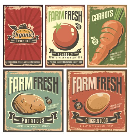 Farm fresh organic products retro tin signs collectionのイラスト素材