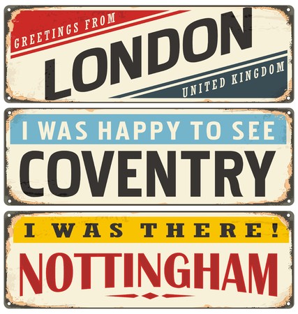 Retro tin sign collection with UK city namesのイラスト素材