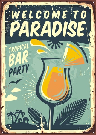Welcome to paradise old metal sign for tropical bar partyのイラスト素材