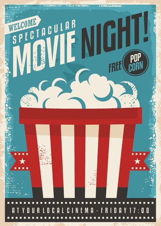 Movie cinema night retro poster design. Popcorn graphic with film strip entertainment brochure template.のイラスト素材