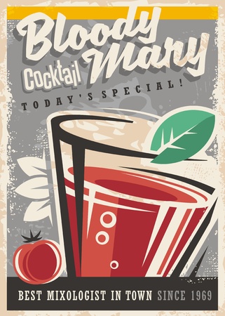 Cocktail bar with glass and Bloody Mary cocktail on old paper texture. Alcoholic drinks vintage promotional design