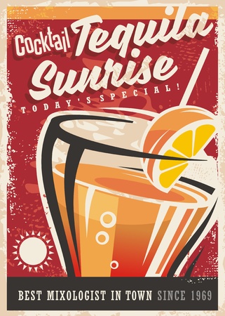 Cocktail tequila sunrise retro promotional poster design, Vintage art banner with one of the most popular cocktails on red backgroundのイラスト素材