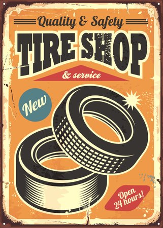Tires vintage metal sign design on old textured background. Vector illustration.のイラスト素材