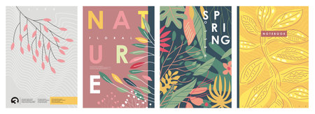 Floral backgrounds set with various leaves, plants and flowers  shapes. Spring and nature covers and brochure pages vector illustration.のイラスト素材