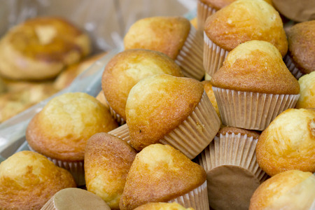 Closeup image of a box full of muffins.の写真素材