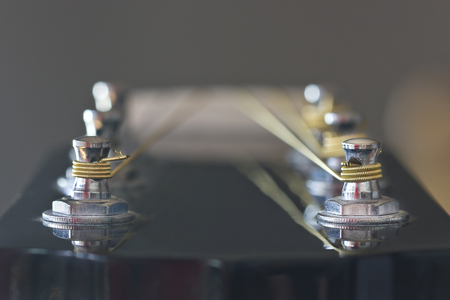 Closeup image of line up guitar tuner posts.