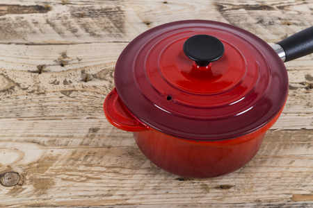 Red saucepan with lidの写真素材