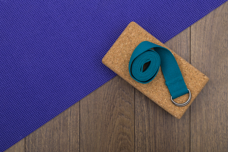 Yoga mat with block and strapの写真素材