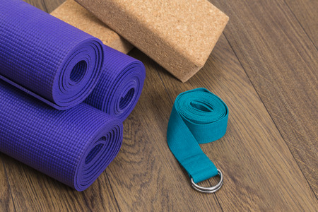 Yoga mats with blocks and strapの写真素材