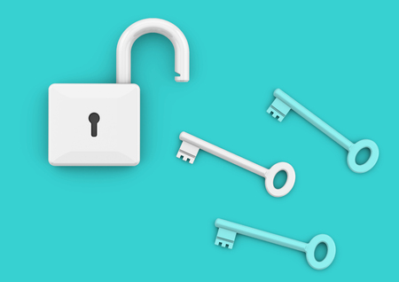 Unlocked padlock with key. Minimalist style concept for business, careers, key to success, unlocking potential and securityの写真素材