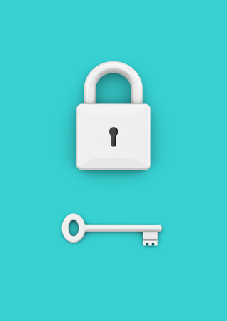 Locked padlock with key. Minimalist style concept for business, careers, key to success, unlocking potential and securityの写真素材