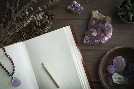 Open leatherbound journal or notebook surrounded by amethyst crystals dried lavender pine cones and succulent plant