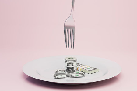 Fork over the money concept of one dollar bills in the tines of a fork on a pastel background. 3d rendering.の写真素材