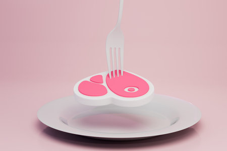 a plate on which a piece of meat is pricked on a fork on a pink background. 3D rendering.の写真素材
