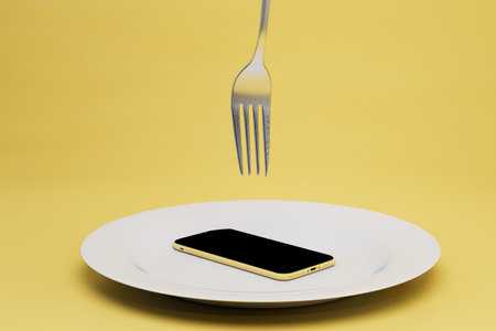 payment for food via smartphone. a plate with a smartphone and a plug on a yellow background. 3D rendering.の写真素材