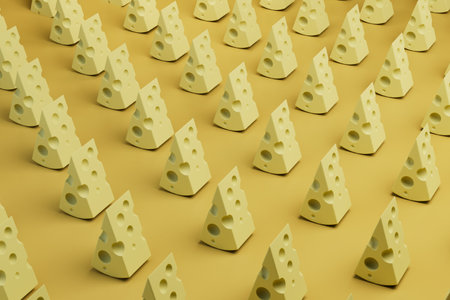 abstract background. patterns of pieces of cheese on a yellow background. 3D rendering.の写真素材