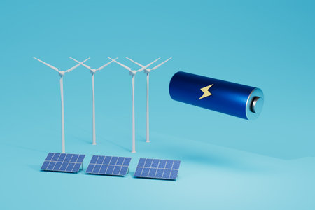 alternative methods of generating energy. wind turbines, solar panels next to the battery. 3D rendering.の写真素材