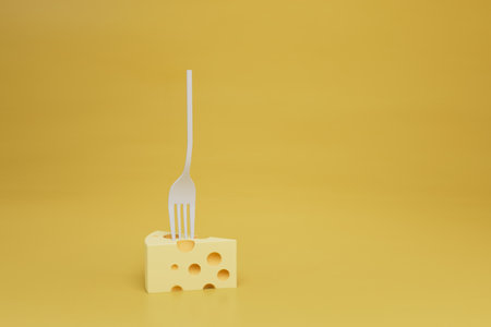 a piece of cheese on a fork on a yellow background. 3D rendering.の写真素材