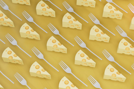 abstract background. patterns of pieces of cheese and forks on a yellow background. 3D rendering.の写真素材