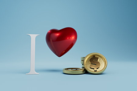 The inscription I love money with a red heart on a blue background. 3D rendering.の写真素材
