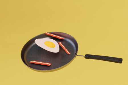 Breakfast of scrambled eggs and sausages in a pan on yellow background. 3d rendering.の写真素材