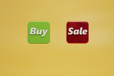 shopping on the Internet. buy and sale buttons on a yellow background. 3D rendering.の写真素材