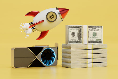 earnings on cryptocurrency mining on video cards. a rocket with bitcoin, dollars and a video card....