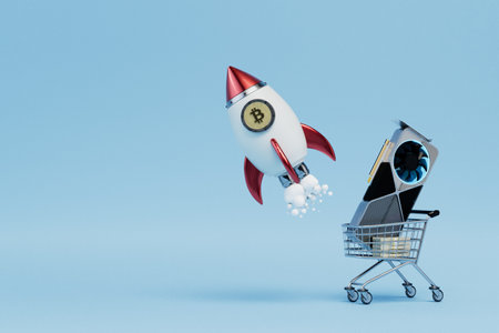 purchase of a video card for bitcoin mining. a rocket with bitcoin and a trolley with a video card....