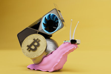 slow process of cryptocurrency mining. a snail on which bitcoin and a video card. 3D rendering.