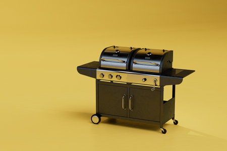 the concept of cooking outdoors. bbq grill black on yellow background. 3d rendering.の写真素材