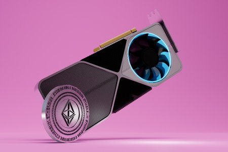 video card for cryptocurrency mining. coin ethereum and video card on a pink background. 3D rendering.の写真素材