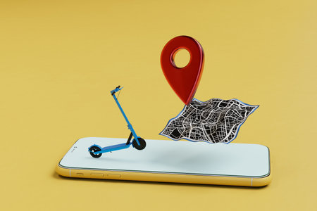 traveling on an electric scooter. route destination on the map in smartphone. 3d rendering.の写真素材