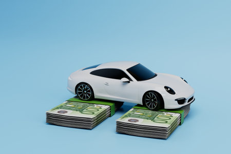 buying a car for cash. wads of paper dollars and a car on a blue background. 3D rendering.の写真素材