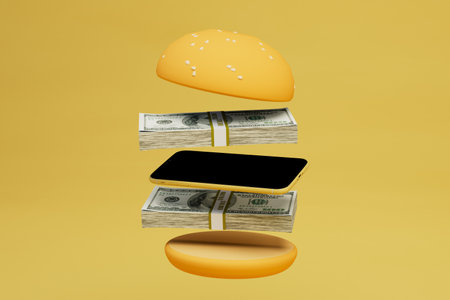 technology burger. buying a smartphone for cash. smartphone and paper dollars between hamburger buns. 3D rendering.の写真素材
