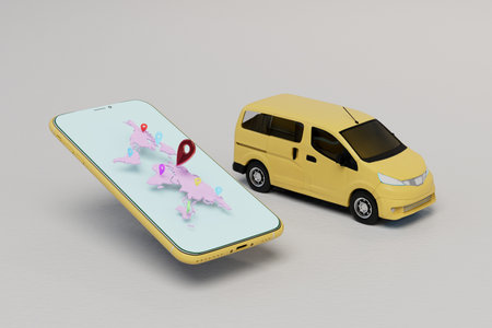 travel around the world by car. world map and location point in smartphone. 3d rendering.の写真素材