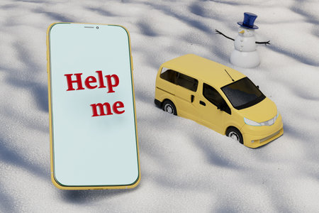 the car got stuck in the snow. message on the phone help me. 3d rendering.の写真素材
