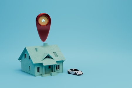 route to home. car and house over which location icon. 3d rendering.の写真素材