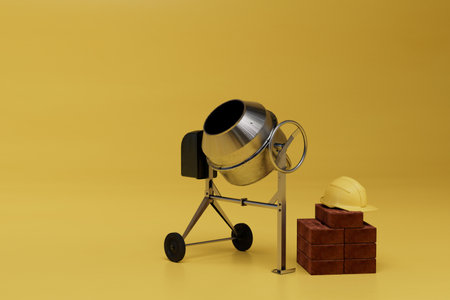 the concept of a large construction site. concrete mixer, bricks and a construction helmet. 3d rendering.の写真素材