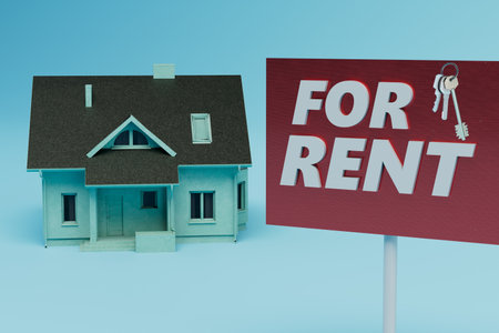 house rental concept. the house next to which the sign is for rent on a blue background. 3d rendering.の写真素材