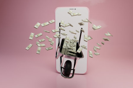 earn money online through smartphone. a wheelbarrow with dollars flying out of it and a telephone. 3d rendering.の写真素材