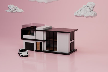 the concept of a successful person's life. house and car on a pink background with clouds. 3d rendering.の写真素材