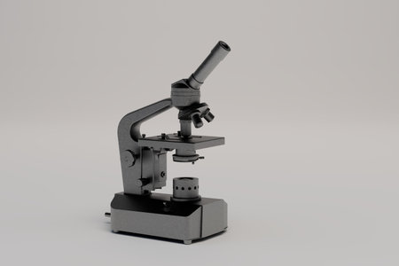 study of microorganisms under a microscope. microscope on a white background. copy paste, copy space. 3d rendering.の写真素材