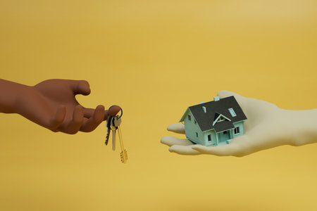 the concept of buying and selling a house. a European buys a house from an African American. 3d rendering.の写真素材