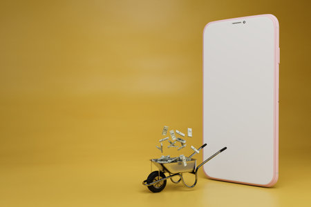 earn money online through smartphone. wheelbarrow with money on a yellow background. 3d rendering.の写真素材