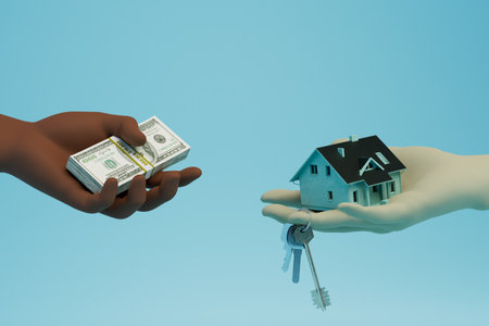 the concept of buying and selling a house. an African American buys a house from a European for cash. 3d rendering.の写真素材