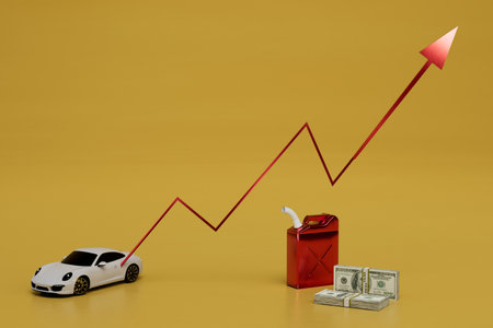 a graph of rising fuel prices for refueling a car. car, fuel canister and money. 3d rendering.の写真素材