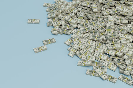 stacks of paper dollars on a blue background. copy paste, copy space. 3d rendering.の写真素材
